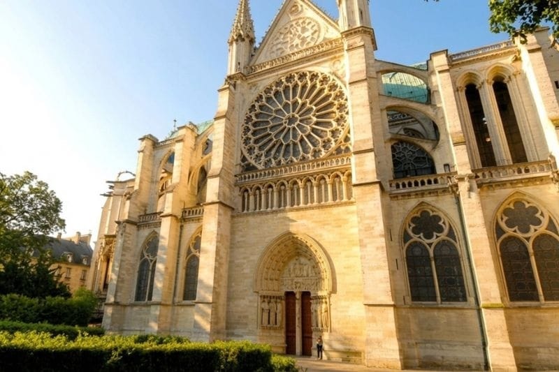 Gothic façade of the Basilique de Saint-Denis with rose window, Paris