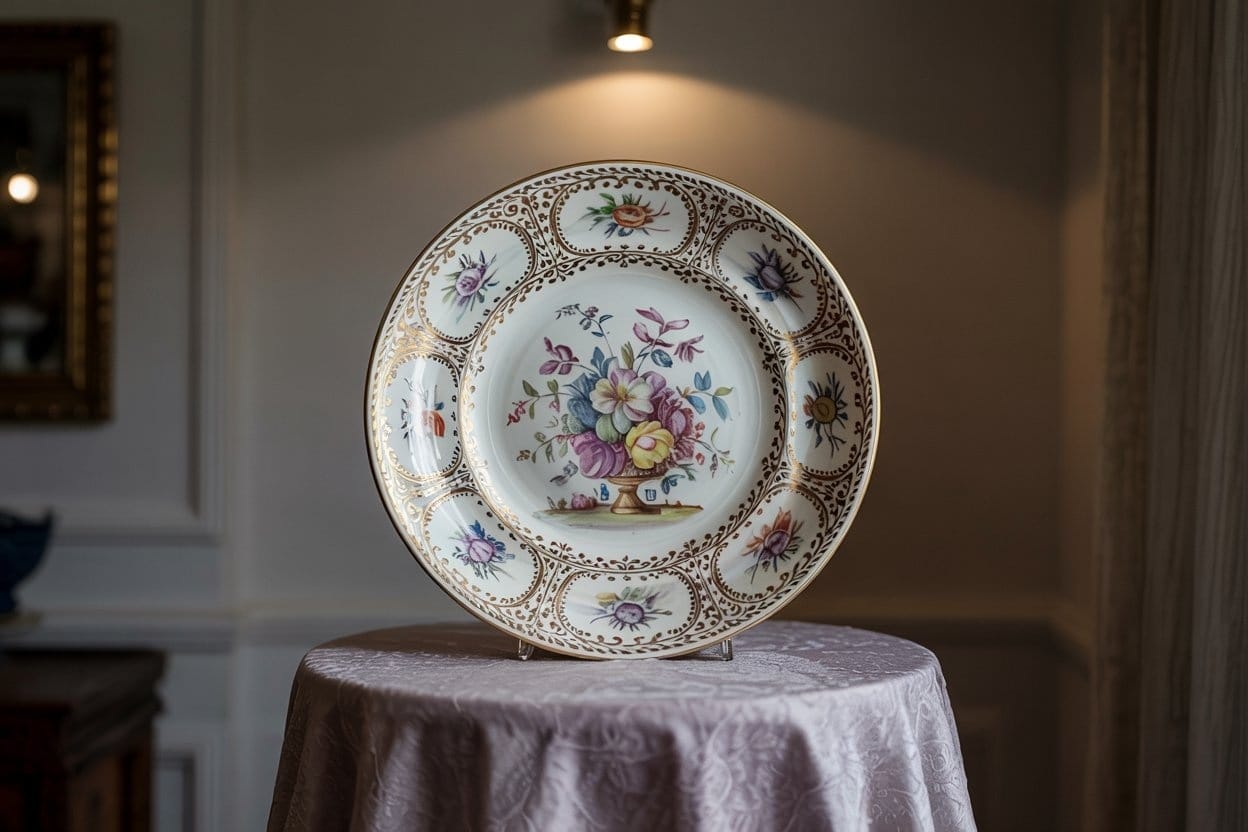 Hand-painted Sèvres porcelain plate with floral decoration on display