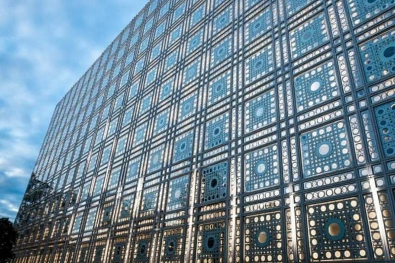 Close-up of the mechanical mashrabiya façade panels of the Institut du Monde Arabe