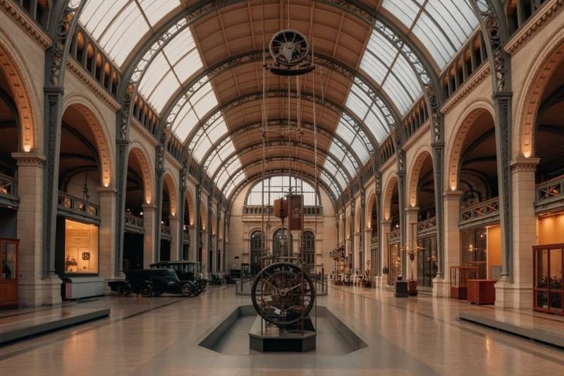 Grand vaulted nave of the Musée des Arts et Métiers with historic machinery on display