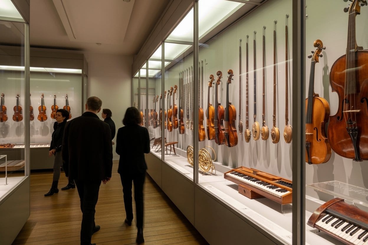 Gallery of historic violins and string instruments at the Musée de la Musique, Paris