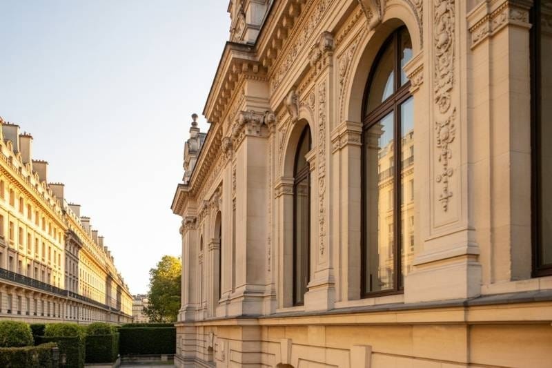 Ornate stone façade of the Musée Guimet Asian art museum at golden hour, Paris