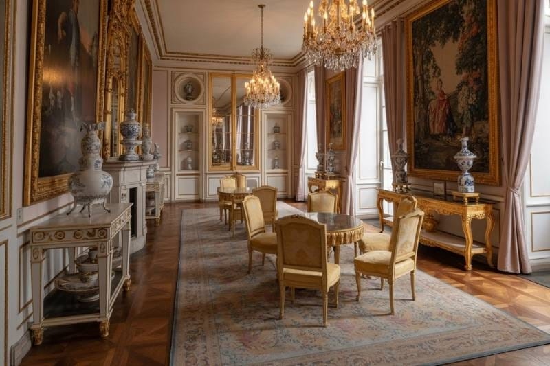 Elegant Louis XVI salon at the Musée Nissim de Camondo with chandelier and tapestries