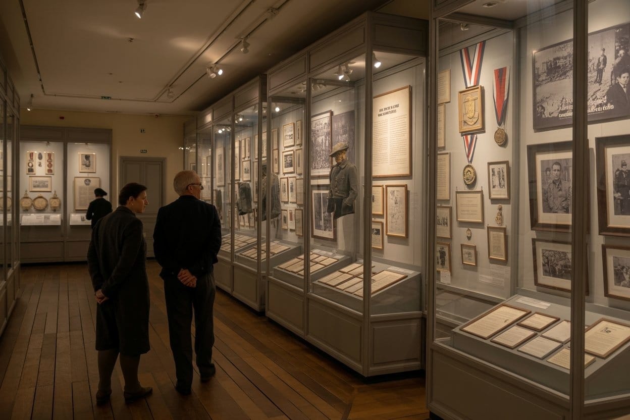 Exhibition hall at the Musée de l'Ordre de la Libération with WWII medals and documents