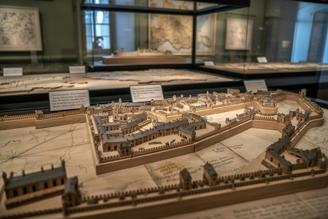 Detailed historical scale model of a French fortified town displayed under glass at the Musée des Plans-Reliefs in Paris