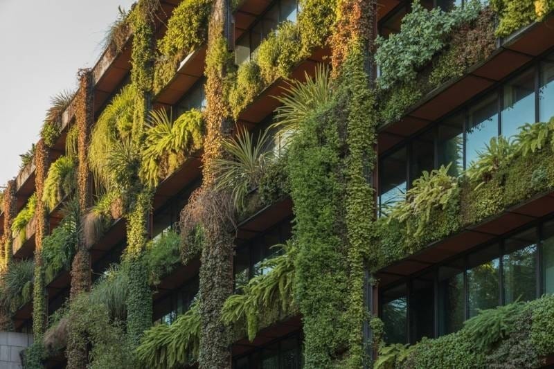 Lush vertical garden covering the exterior facade of the Musée du Quai Branly in Paris, with tropical and fern plants cascading across multiple floors