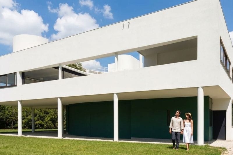 Couple walking beneath the elevated white facade of Villa Savoye, Le Corbusier's iconic modernist house supported by pilotis with green garage doors below