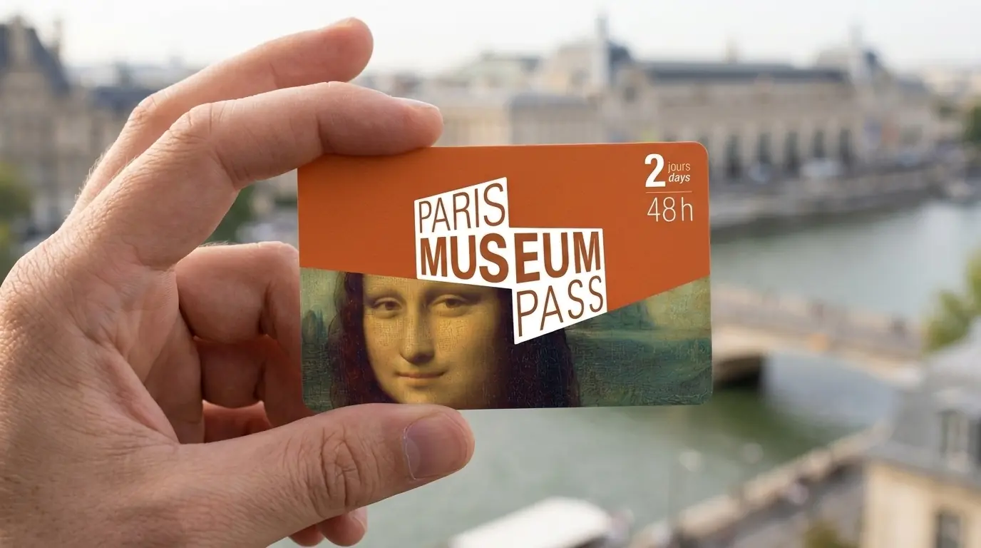 Paris Museum Pass 2-day card held in front of the Musée d'Orsay