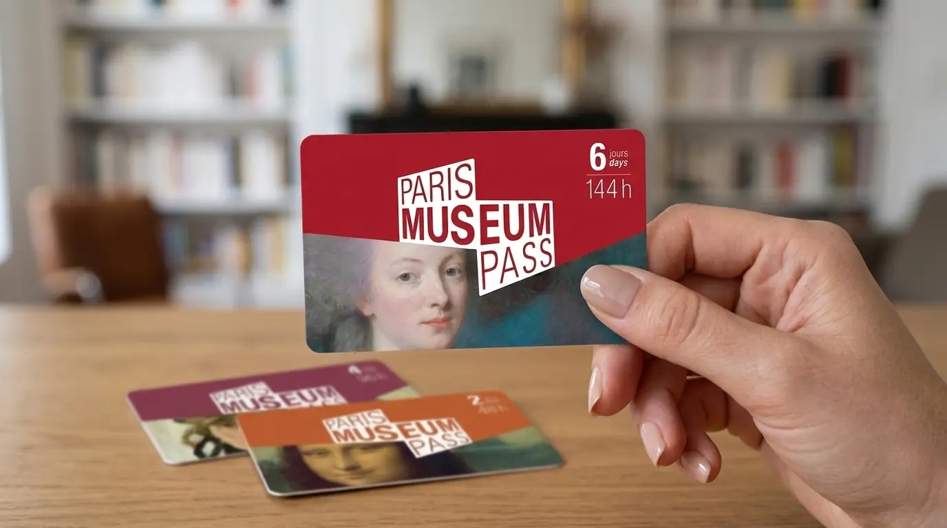 The physical Paris Museum Pass card you collect on arrival, shown in 6-day, 4-day and 2-day versions